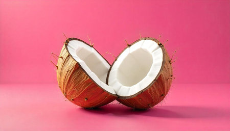 Halved coconut fruit on a vibrant pink studio background