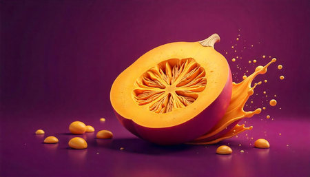 Butternut squash cross section with juice on purple backdrop