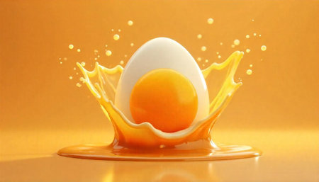 Perfectly poached egg amidst vibrant splash on orange background