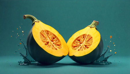 Halved butternut squash with splash on teal background