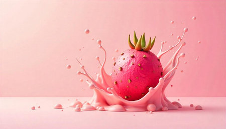 Strawberry milk splash in pink monochromatic studio background