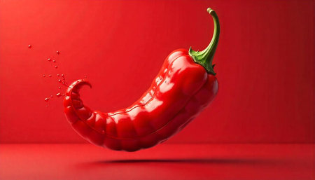 Vibrant red chili pepper floating in red studio backdrop