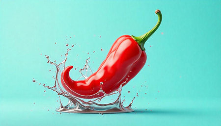 Red Chili Pepper Splash on Light Blue Background