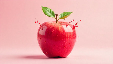 Red apple with green leaves on a pink background