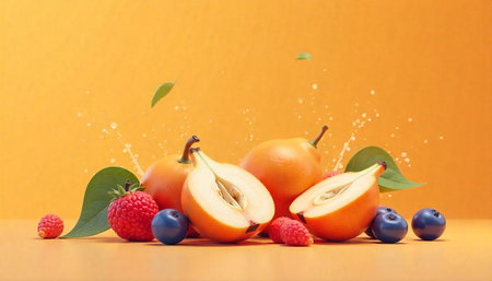 Fresh pears raspberries and blueberries on yellow monochromatic background