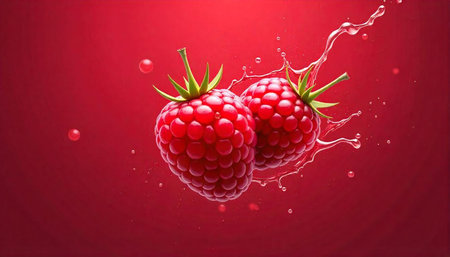 Two raspberries surrounded by splashes on a bright red background