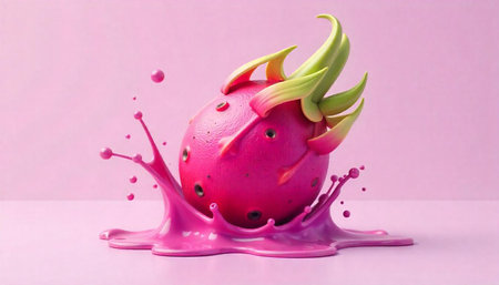 Fresh dragon fruit with splashing liquid in a vibrant sceneの写真素材