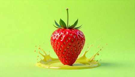Fresh strawberry splashing into yellow liquid against green backgroundの写真素材