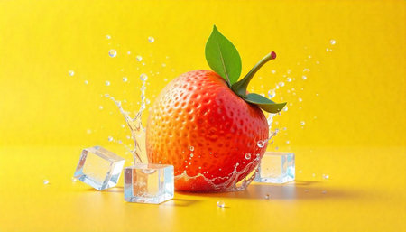 Fresh strawberry with water splash and ice on yellowの写真素材