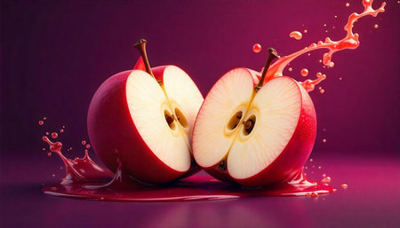 Sliced red apples with juice splashing against purple backgroundの写真素材