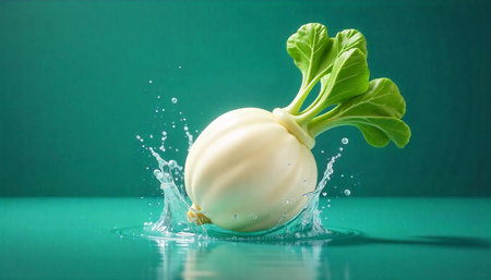 Fresh turnip splashing in water with vibrant green background