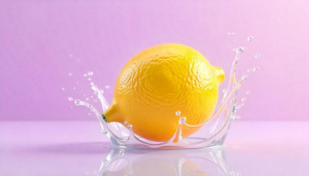 Vibrant lemon splashing into water against pastel purple backdropの写真素材