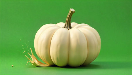 White pumpkin against vibrant green background with splash of paintの写真素材