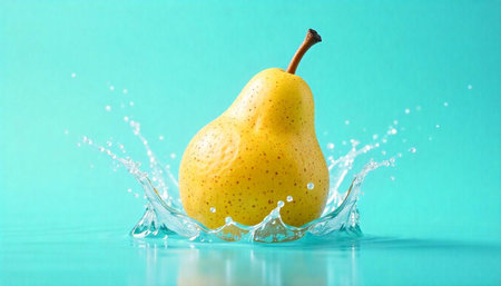 Vibrant yellow pear splashing into water on teal background