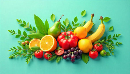 Fresh fruits and vegetables flat lay on turquoise backgroundの写真素材
