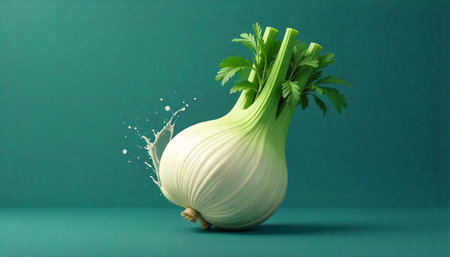 Studio shot of fresh fennel with splashing milkの写真素材