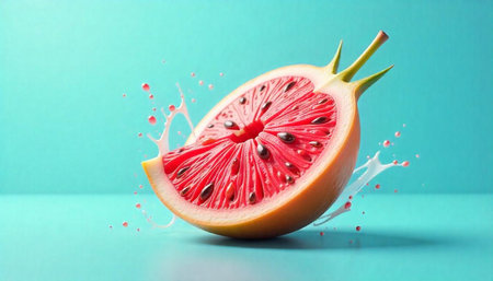 Vibrant grapefruit slice with juice splash on blue background