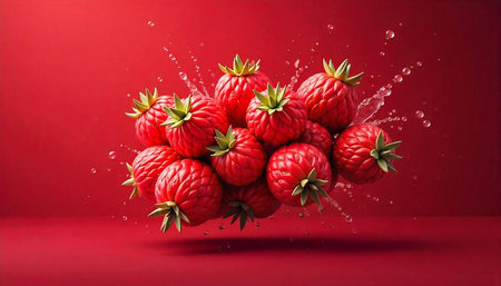 Artistic Red Strawberries Surrounded by Water Droplets on Red Backdrop