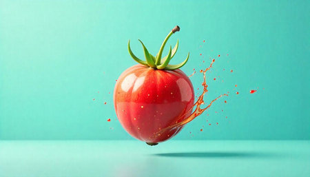 Ripe red tomato with juice splashing against turquoise backgroundの写真素材