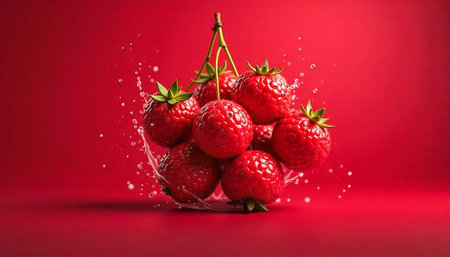 Fresh ripe strawberries with water droplets on red background