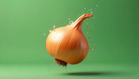 Fresh onion with water droplets floating in green backdropの写真素材
