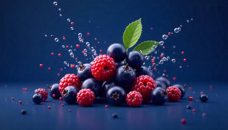 Fresh raspberries and blueberries arranged on a blue background