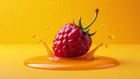 Fresh raspberry splashing into liquid against yellow background