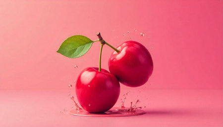 Two cherries with water droplets on pink background