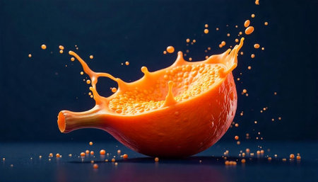 Orange slice explosion with droplets on dark backdrop
