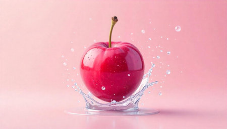 Shiny red apple splashing in water with pink background