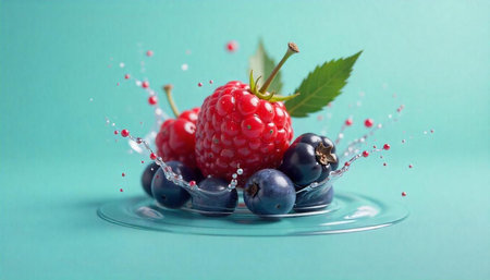 Fresh mixed berries with water splash on glass plate