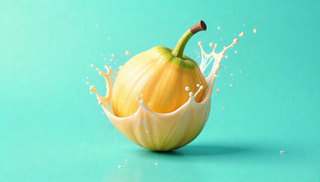 Yellow pear with white liquid splash on cyan background