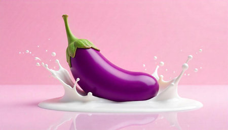 Vibrant eggplant in milky splash on pink seamless backgroundの写真素材