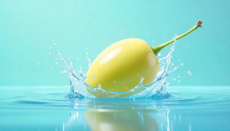 Green plum drops into the water on blue backgroundの写真素材