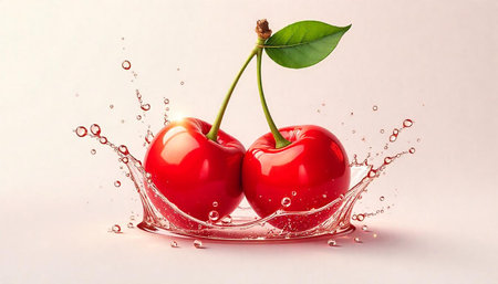 Two ripe cherries encircled by a splash of water