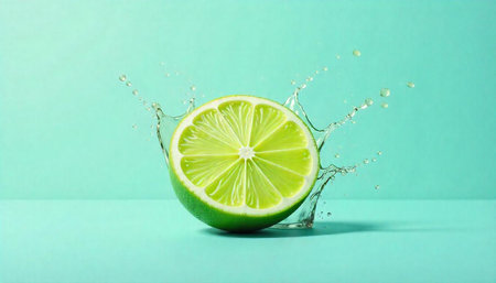 Refreshing lime slice with water splash on light backdropの写真素材