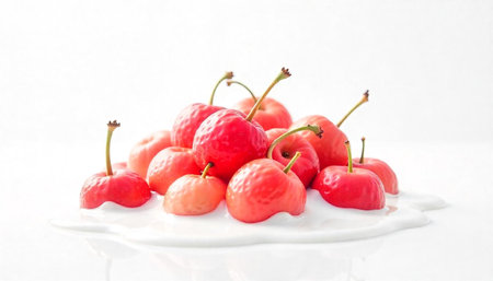 Fresh cherries nestled in creamy white yogurt puddle, studio shot