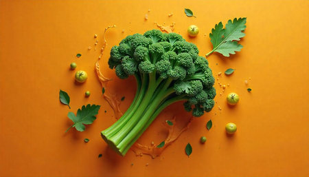 Vibrant broccoli still life on warm orange background