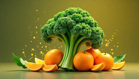 Broccoli and Oranges Still Life on Earthy Green Backgroundの写真素材