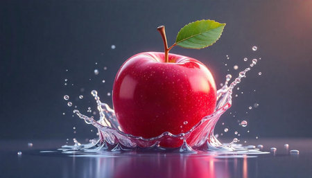 Fresh red apple with water splash on dark surface
