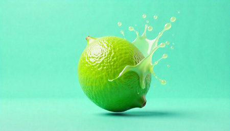Bright green lime with juice splash on light green background