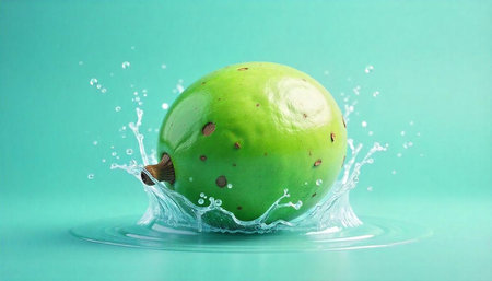 Green apple splashing into clear water, studio shot