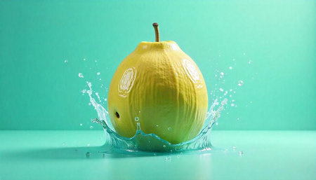 Fresh yellow pear splashes in vibrant blue background studioの写真素材