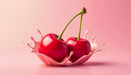Two glossy cherries in a pink splash against pink backdrop