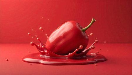 Red pepper splashing in red liquid, monochrome vibrant styleの写真素材