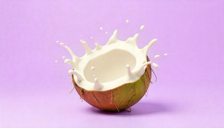 Coconut half with milk splash on pastel background