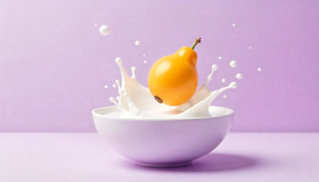 Fresh yellow pear splashing into a bowl of milk