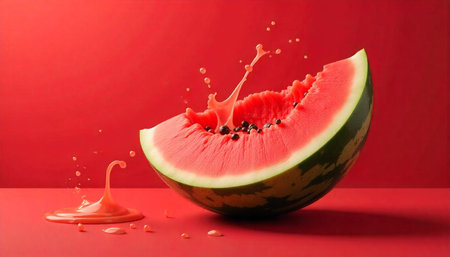 Splashing Watermelon Slice on Red Background for Summerの写真素材