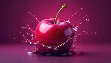 Vibrant cherry fruit with splash in a crimson scene