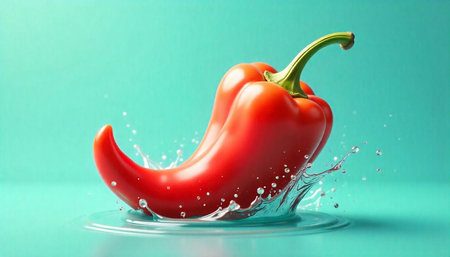 Red pepper splashing in water on a cyan backgroundの写真素材